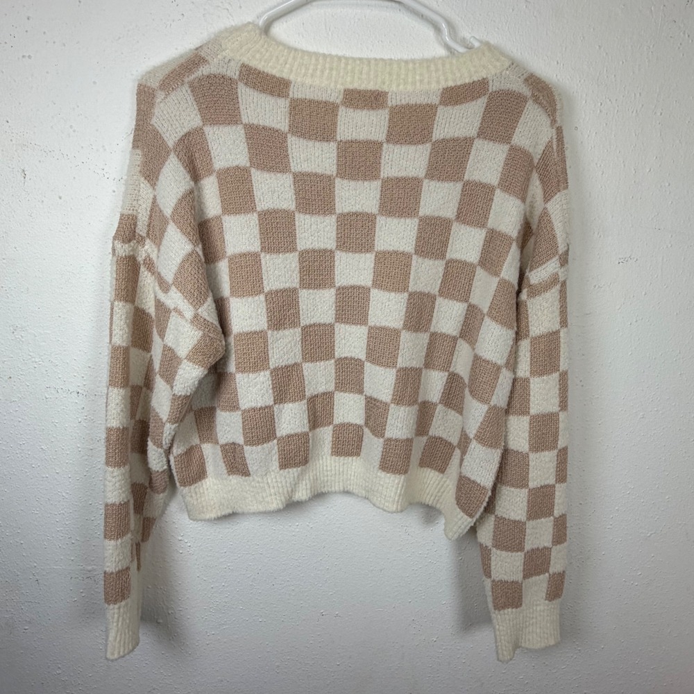 Debut Small Checkerboard Knit Sweater Tan Cream Y2K Indie Skater Pullover - Picture 7 of 7